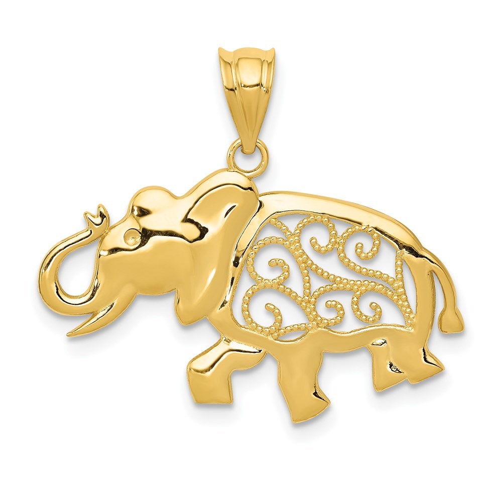 14k Yellow Gold Filigree Elephant Necklace Charm Pendant